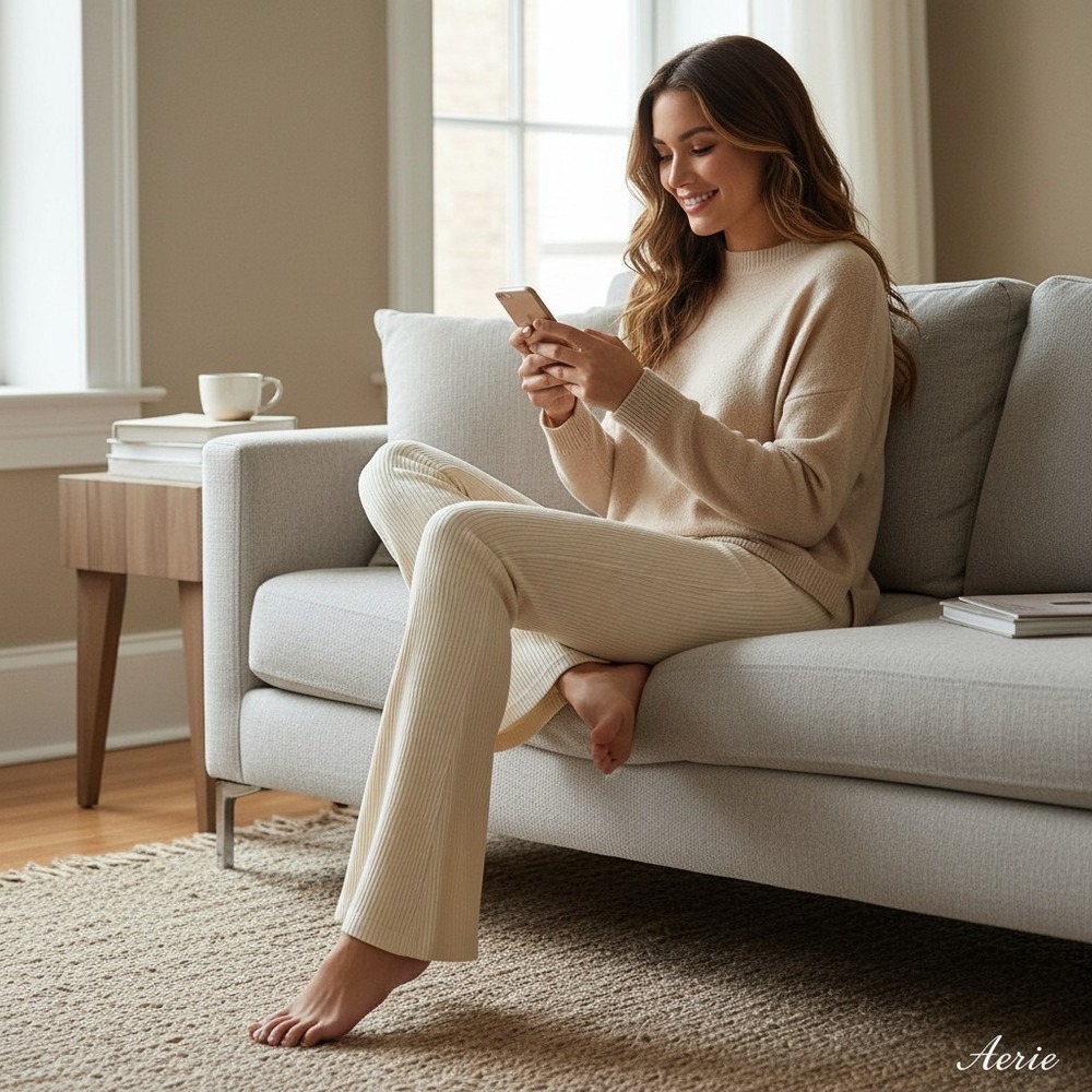 Aerie Women's Knit Ribbed Flare Soft Beige Pants Size - XL Long
